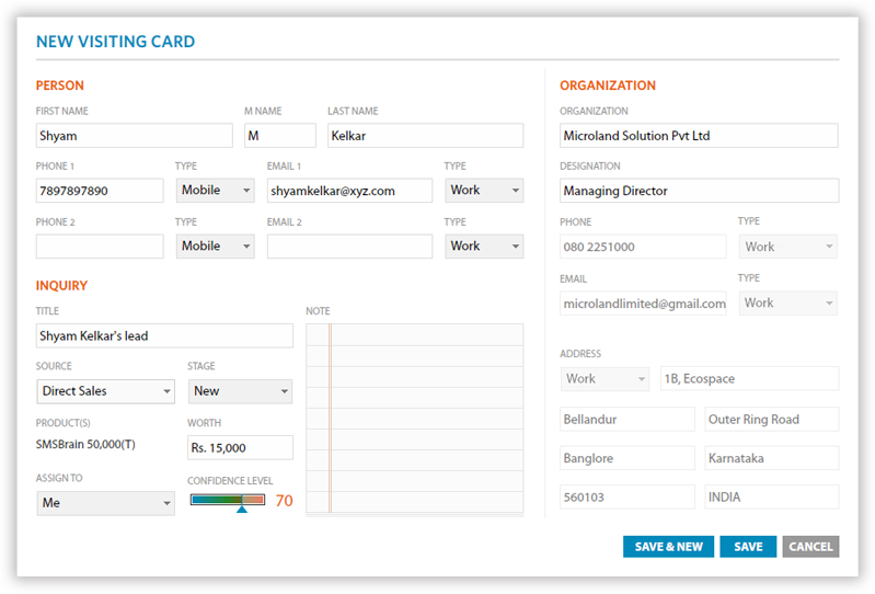 A single visiting card entry to create a Person, Lead and Client at the same time. A single visiting card entry to create a Person, Lead and Client at the same time.
